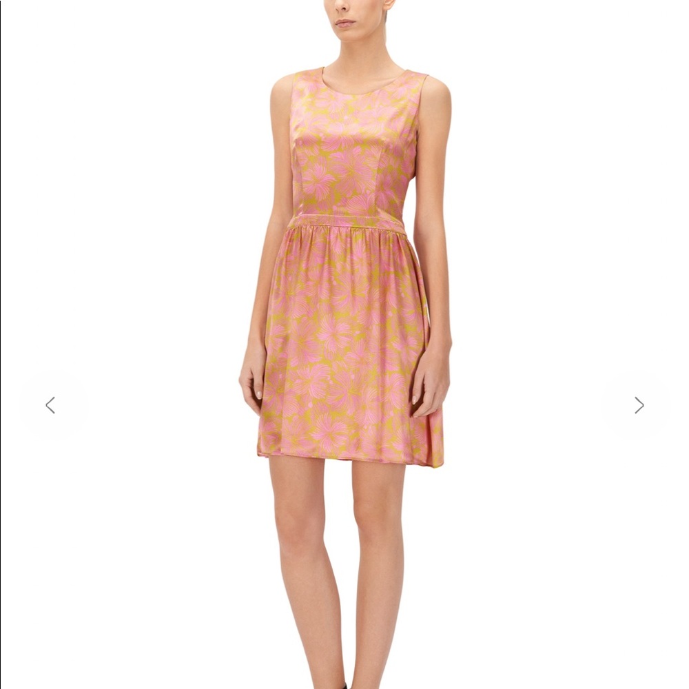 NWT Hugo Boss 100% Silk Dress Kevera Pink Green Floral Lined Fit & Flare Size 0
